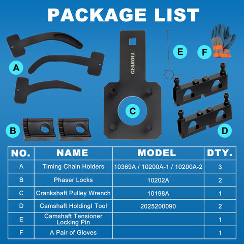 Package list of the 3.6L Pentastar Timing Tool Kit With Camshaft Holders And Crankshaft Pulley Wrench Includes 3 Timing Chain Holders