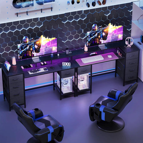 47 Inch Gaming Desk With Power Outlets And LED Lights Reversible Computer Desk With Five Fabric Storage Drawers Monitor Stand