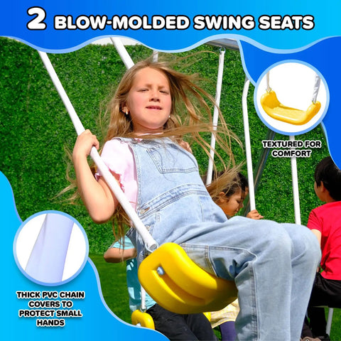 Child swinging on Backyard Metal Swing Set With 5 Foot Wave Slide Two Swings Two Person Glider And Two Person Saucer Swing Standing Swing Outdoor Playset With Anchors For Up To Eight Kids 6 Year Warranty And Sturdy 6.1 Foot Tall