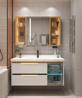 Modern bathroom with wall-mounted vanity featuring 10 Pack 5 Inch Matte Gold Finger Pulls For Cabinets And Drawers Brushed Brass Edge Hardware.