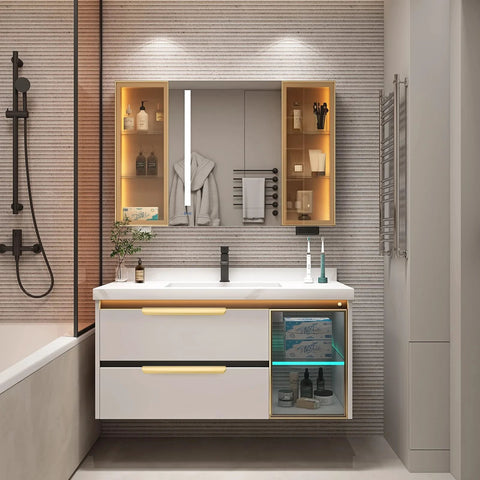 Modern bathroom with wall-mounted vanity featuring 10 Pack 5 Inch Matte Gold Finger Pulls For Cabinets And Drawers Brushed Brass Edge Hardware.