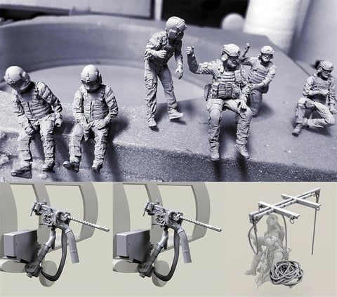 1/35 Scale US Commando Resin Figure Kit With Seven Soldiers, Two Machine Guns And Rope, Unpainted And Unassembled Military Diorama Parts