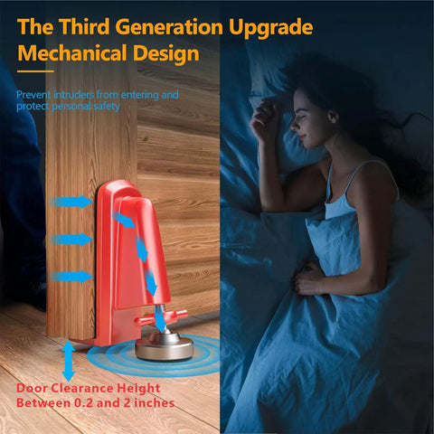Portable Door Jammer Lock For Travel Security And Home Safety Anti Theft Prevention This Lockdown Door Stop Stops BreakIns In Hotels Apartments And Homes Perfect For Homeowners And Families Red, installed beside closed door.
