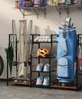 Go-To Golf Bag Organizer For Garage Storage with Dual Rack and Center Basket, storing golf bag and accessories neatly.