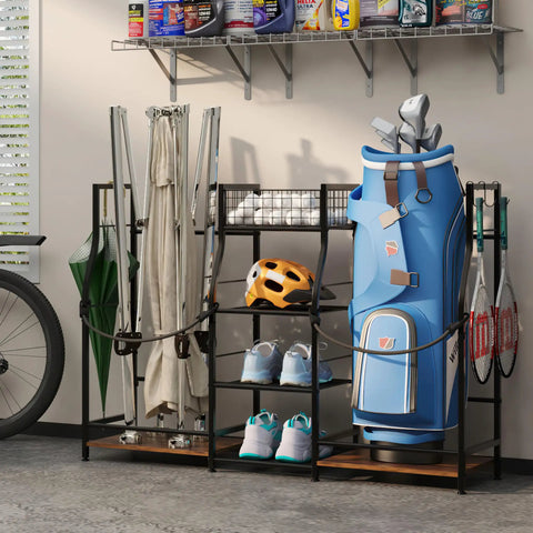 Go-To Golf Bag Organizer For Garage Storage with Dual Rack and Center Basket, storing golf bag and accessories neatly.