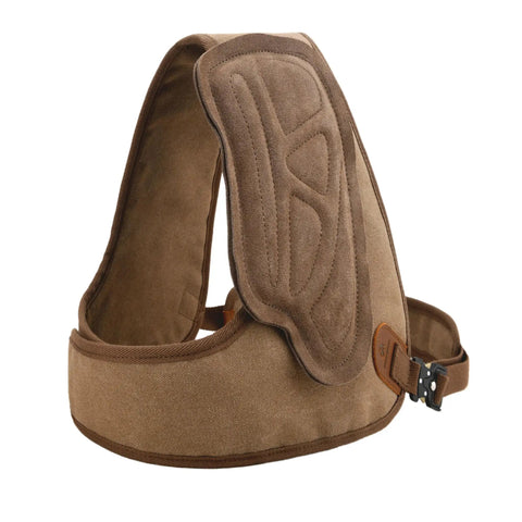 Adjustable Rifle And Shotgun Shoulder Shield With Leather Recoil Pad For Hunting And Archery, brown suede cushion, waxed canvas