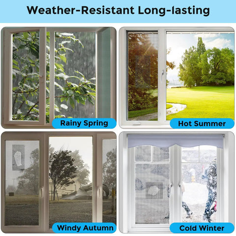 Four seasons window view with screen repair kit featuring rainy spring, hot summer, windy autumn, and cold winter conditions.
