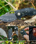 Damascus Steel Pocket Folding Knife With 2.45 Inch Razor Sharp Blade Handmade Craftsmanship Stabilized Wood Handles Cowhide Sheath EDC Ready For Outdoor Adventure Travel Hiking Camping displayed open with details of steel and handle.