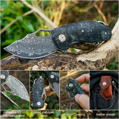 Damascus Steel Pocket Folding Knife With 2.45 Inch Razor Sharp Blade Handmade Craftsmanship Stabilized Wood Handles Cowhide Sheath EDC Ready For Outdoor Adventure Travel Hiking Camping displayed open with details of steel and handle.