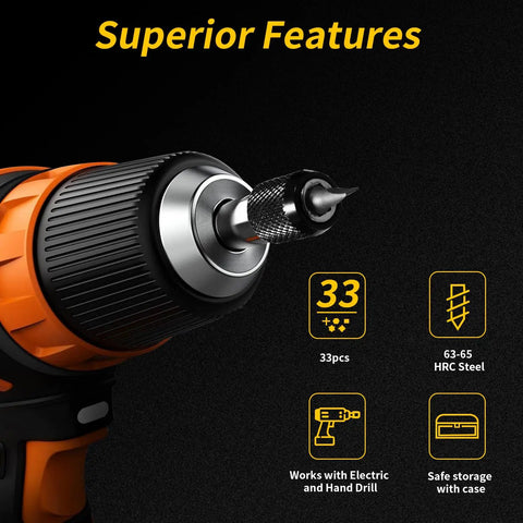 Close-up of 33 Piece Screw Extractor And Bolt Remover Kit With HSS Drill Bits Magnetic Extension Bit Holder Easy Out Removers