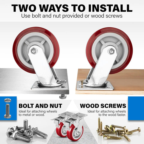 Solid As A Rock Six Inch Polyurethane Caster Wheels installation options showing bolt and nut with wood screws for secure use.