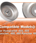 Three Eighths Inch Pitch Drop-In Clutch Drum Rim Sprocket Bearing Kit For Husqvarna 455 455 Rancher 460 460 Rancher 461 Chainsaws Replacement Parts 537291602 shown with close-up of clutch drum and sprocket.