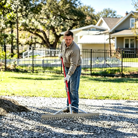 Man using All Aluminum Landscape Rake With 66 Inch Handle And 36 Inch Wide Head For Lawn Care, Loosening Soil in backyard.