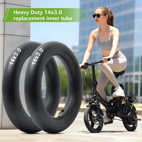 Heavy Duty 14x3 Inner Tube For 14 Inch E Bikes Scooters Mopeds Choppers And Folding Bikes With Bent CR202 Valve Stem Built Tough Forty Percent Thickened For Extra Durability Wide Fit On 14x3 Tires 1 Piece, 14x3.0 butyl rubber inner tube