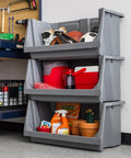 Heavy Duty Open Front Storage Bins For Garage And Home Organization, Jumbo Stackable Bins With Large Handles, Interlocked Secure Stacking