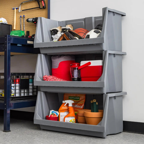 Heavy Duty Open Front Storage Bins For Garage And Home Organization, Jumbo Stackable Bins With Large Handles, Interlocked Secure Stacking