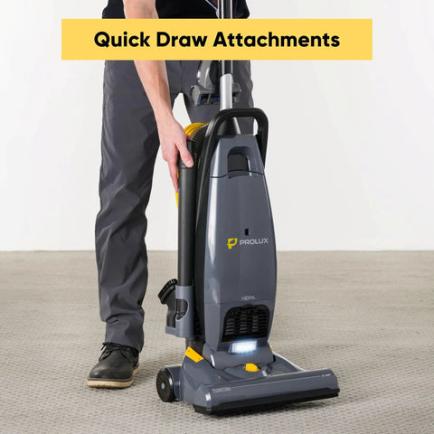 Prolux Phantom Pro Commercial Upright Vacuum With HEPA Filtration And Bagged Design Offering High Suction Power For Deep Cleaning. This Lightweight 12Lb Beast Is Perfect For Business And Professional Use, Featuring Onboard Tools And Easy Handling For