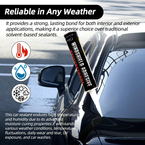 Two Pack Urethane Windshield Adhesive Sealant For Cars Quick Curing Polyurethane Glass Repair Kit With Gloves Weather Resistant Black 310ml Delivers Strong Bond At Any Angle Weatherproof Tough Against Chips Cracks And Leaks Safe For Clear Vision applied to car windshield on a sunny day