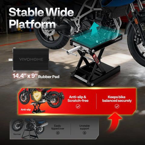 Heavy Duty Steel Motorcycle Lift Jack With Broad Scissor Hoist Stand Elevates Up To 1100 Lbs Smoothly Rises From 3.5 To 14.5 Inches For Rock Solid Garage Work Dead Simple Oil Changes And No Sweat Tune Ups On Any Ride