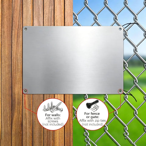 Blank surface of Built Tough Aluminum Safety Sign 8x12 Inch for SDS Station with wall and fence mounting options shown.
