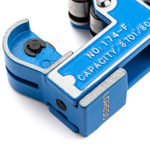 Close-up of Pro Grade Mini Pipe Cutter for Copper Brass Aluminum and Thin Stainless Steel Pipes 1/8 Inch to 1 1/8 Inch.