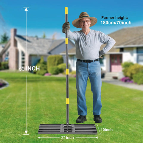 Heavy Duty Lawn Leveling Rake With Stainless Steel Handle 72 Inch Yard Leveling Tool on grass, man standing nearby