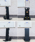 Rock Solid 1200W Electric Stair Climber Hand Truck With Folding Frame For Heavy Dumps And Straight Curved Steps, black aluminum frame, side view.