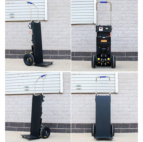 Rock Solid 1200W Electric Stair Climber Hand Truck With Folding Frame For Heavy Dumps And Straight Curved Steps, black aluminum frame, side view.