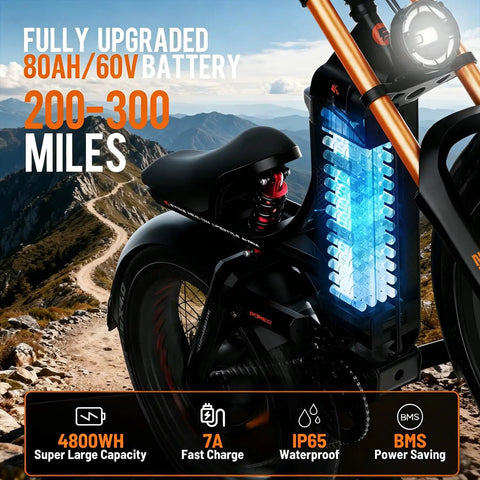 Heavy Duty Fat Tire Electric Bike For Adults Packing 6000W Dual Motors Kicking Up Dust At 52 Mph battery showcasing 80AH/60V on a mountain trail.