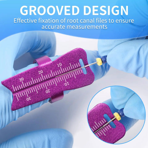 Aluminum Endodontic Measuring Ring Pro Grade Root Canal Ruler For Accurate 0 To 30mm Measurements, Lightweight Handy Dental Tool With Smooth Surface Easy To Use Durable Alloy Instrument For Precision. Grooved purple root canal file ruler in gloved hand, 0-30mm scale