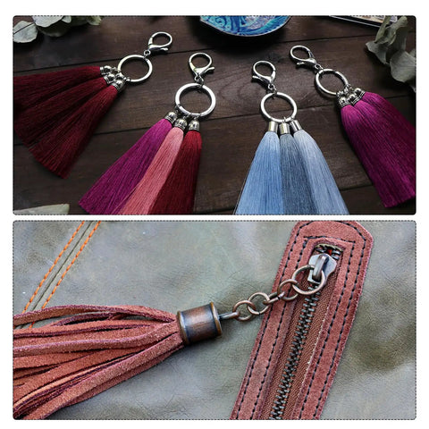 Colorful tassel keychains with silver lobster claw clasps next to leather bag showcasing clasped cord end cap terminator.