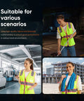 Slim Fit High Visibility Vest For Women With Drawstring Waist Hella Bright Reflective Safety Gear Tailored For Female Figures, worn in various work environments.
