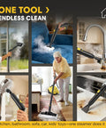 2-in-1 Heavy Duty Steam Mop 1500W Power, 1.4L Tank With 26 Accessories For Floors And Cars in use on various surfaces.