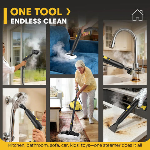 2-in-1 Heavy Duty Steam Mop 1500W Power, 1.4L Tank With 26 Accessories For Floors And Cars in use on various surfaces.