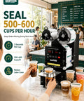 Pro Level Automatic Cup Sealer Machine For Boba And Cafe Shops in use sealing multiple cups on a cafe countertop with various drinks.