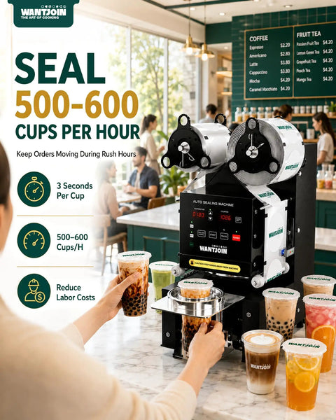 Pro Level Automatic Cup Sealer Machine For Boba And Cafe Shops in use sealing multiple cups on a cafe countertop with various drinks.