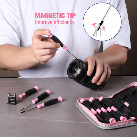 Person using Slick 10 Piece Precision Screwdriver Set With Ergonomic Comfort Grip And Sturdy Pink Pouch for camera repair.