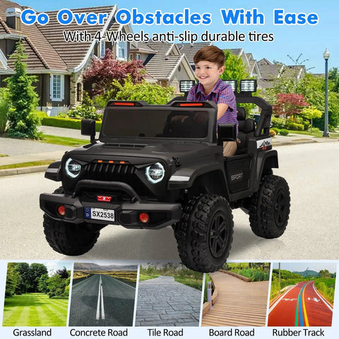Huge 24V Ride On Car With Remote Control For Big Kids in black on paved road, showcasing anti-slip tires