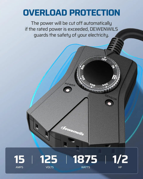 Weatherproof Outdoor Light Timer Featuring Automatic Dusk To Dawn Sensor And Triple Prong Outlet for overload protection and power management.