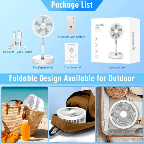 Foldable Portable Oscillating Fan With 8000mAh USB C Battery Quiet Remote Desk Fan 8.6 Inch packaging and accessories