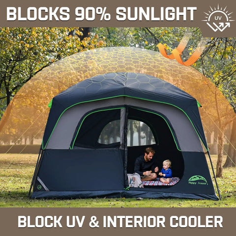 Roomy Six Person Camping Tent With Heavy Duty Blackout Layer Blocks Bright Morning Sun And Keeps Things Cool For Your Crew Includes Full Rainfly For Smooth Weekend Getaways, shown outdoors with family.
