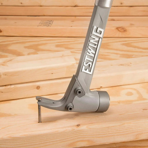AL-PRO Aluminum Framing Hammer 14 Oz With Straight Rip Claw, Smooth Face And Shock Reduction Grip, shown with nail starter.