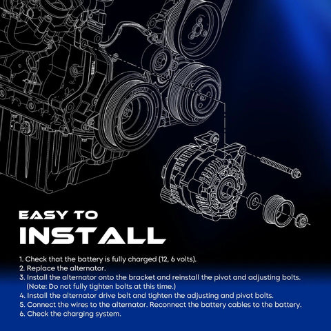 Image detailing the installation process of the 90 Amp 12V New Alternator For Mazda 6 2.3L 2003 2004 2005 Plug-And-Play Direct Fit Replacement With 6 Groove Pulley Replaces 400-48048 LF18-18-300 LFY8-18-300R Ready To Roll with numbered steps.