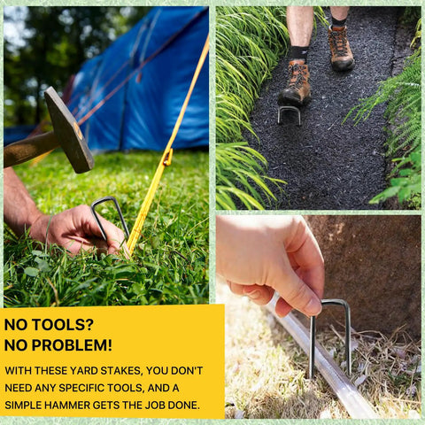 25 Pack 6 Inch Landscape Staples 11 Gauge Galvanized Lawn Stakes being used for securing weed barrier fabric and ground stabilization