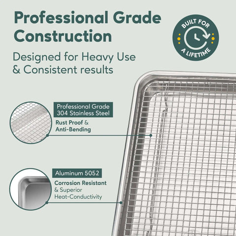 Quarter Sheet Pan With Wire Rack Set For Oven Use, premium aluminum baking sheet and stainless steel rack, build details.