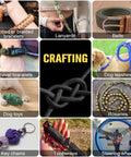Collage showing various craft uses of Tough As Nails Paracord Rope 750 Lb Test, 4mm 12 Strand Para Cord including bracelets and leashes.