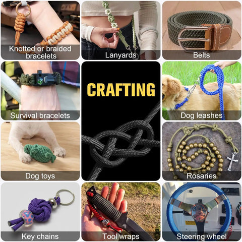 Collage showing various craft uses of Tough As Nails Paracord Rope 750 Lb Test, 4mm 12 Strand Para Cord including bracelets and leashes.
