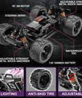 1:18 Pink Remote Control Car For Girls 4WD RC Truck chassis and features, showcasing tires, LED lighting, and shock absorbers