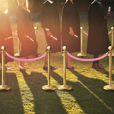 Six Pieces Velvet Stanchion Rope Set With Gold Hooks 4 Feet Each Pink Carpet Ropes For Movie Theaters Hotels And Red Carpet Events That Deliver Party Ready Crowd Control Barriers With Elegant Easy Setup in use at outdoor ceremony