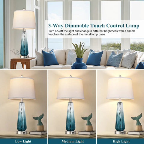 Teal Glass Table Lamp With USB A and C Ports, 3 Way Dimmable Touch Control Nightstand Light, White Linen Shade, varying light settings.